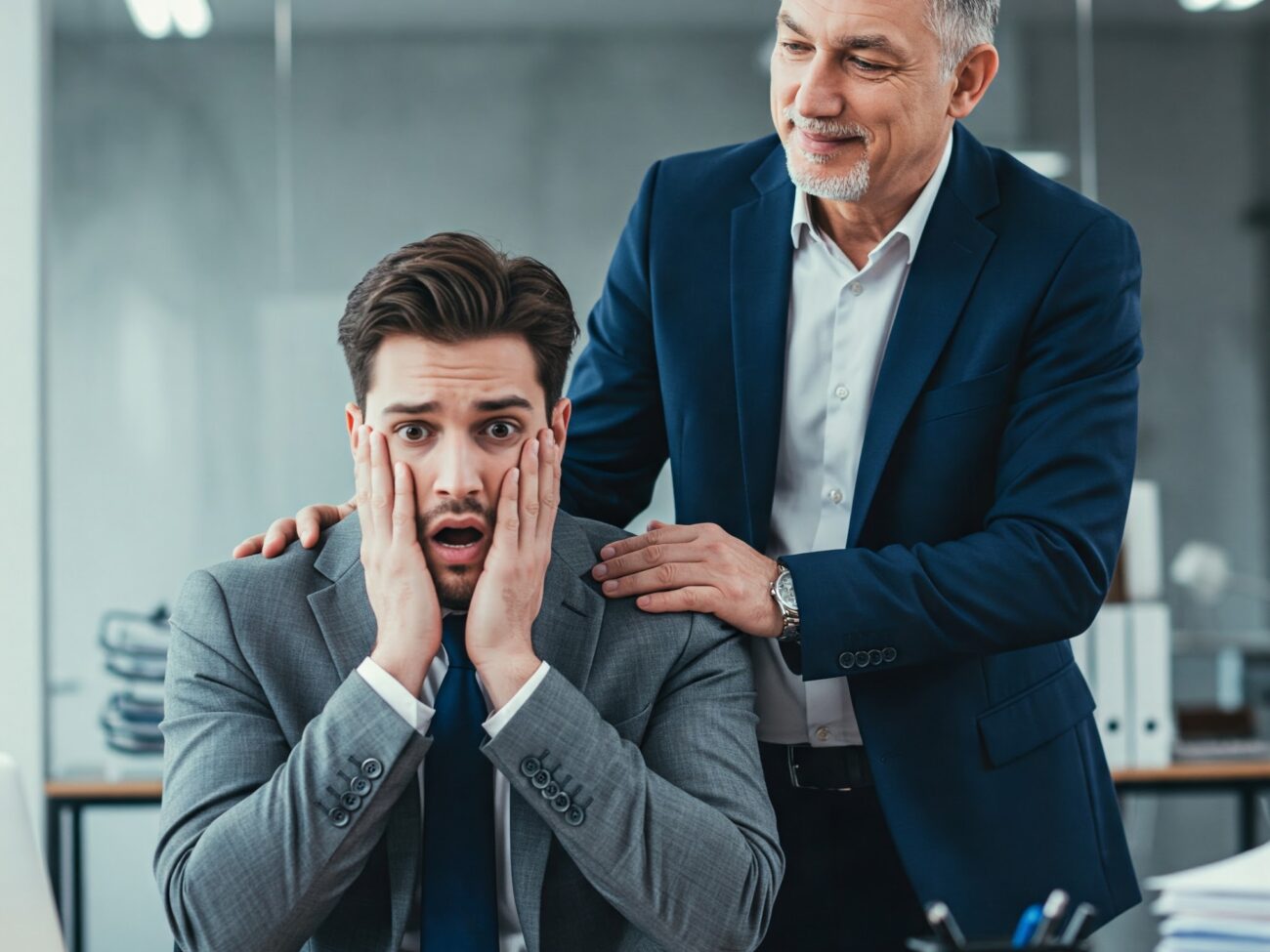 Plan de gestion de crise (2) un homme panique à la survenue d'une crise, le second applique le plan de gestion de crise sereinement.