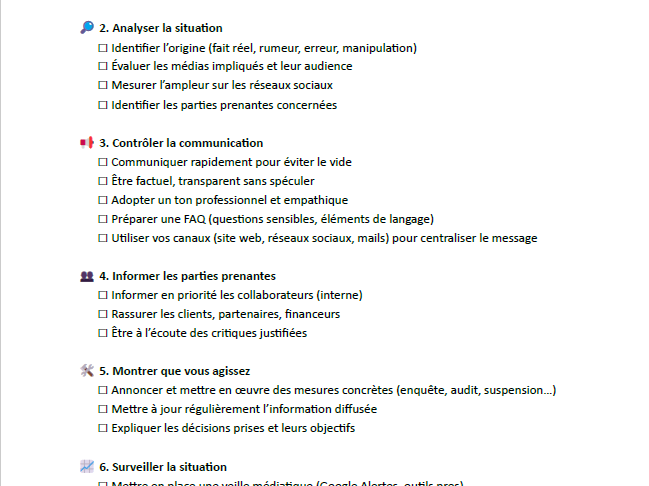 Check list crise médiatique Check List crise médiatique - Crise de communication - bad buzz - crise de réputation - crise d'image