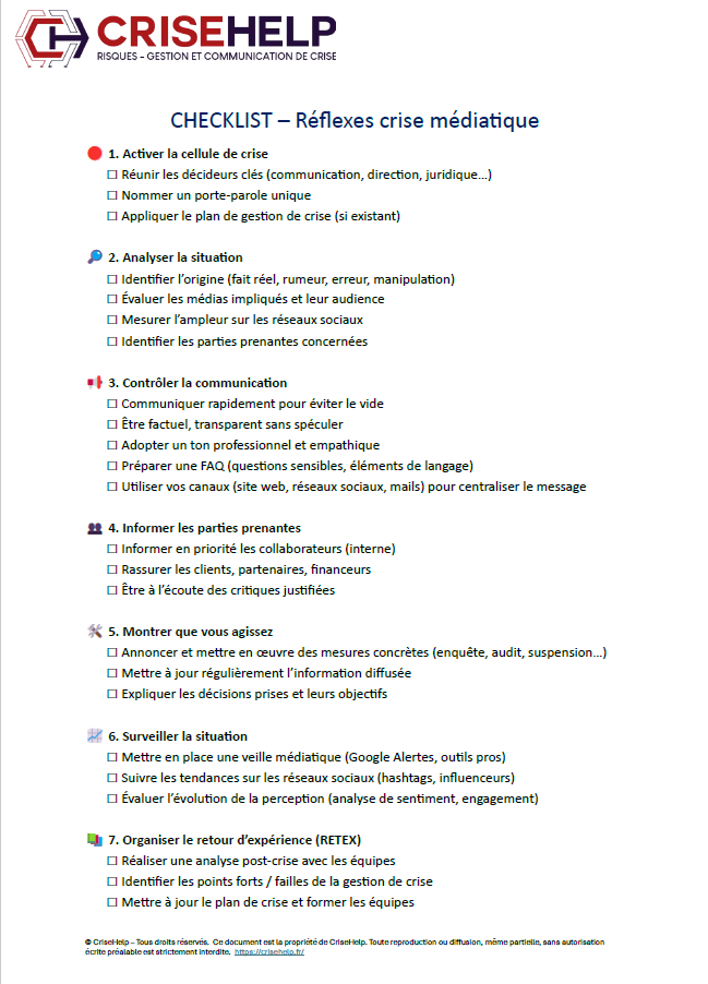 Check List crise médiatique - Crise de communication - bad buzz - crise de réputation - crise d'image
