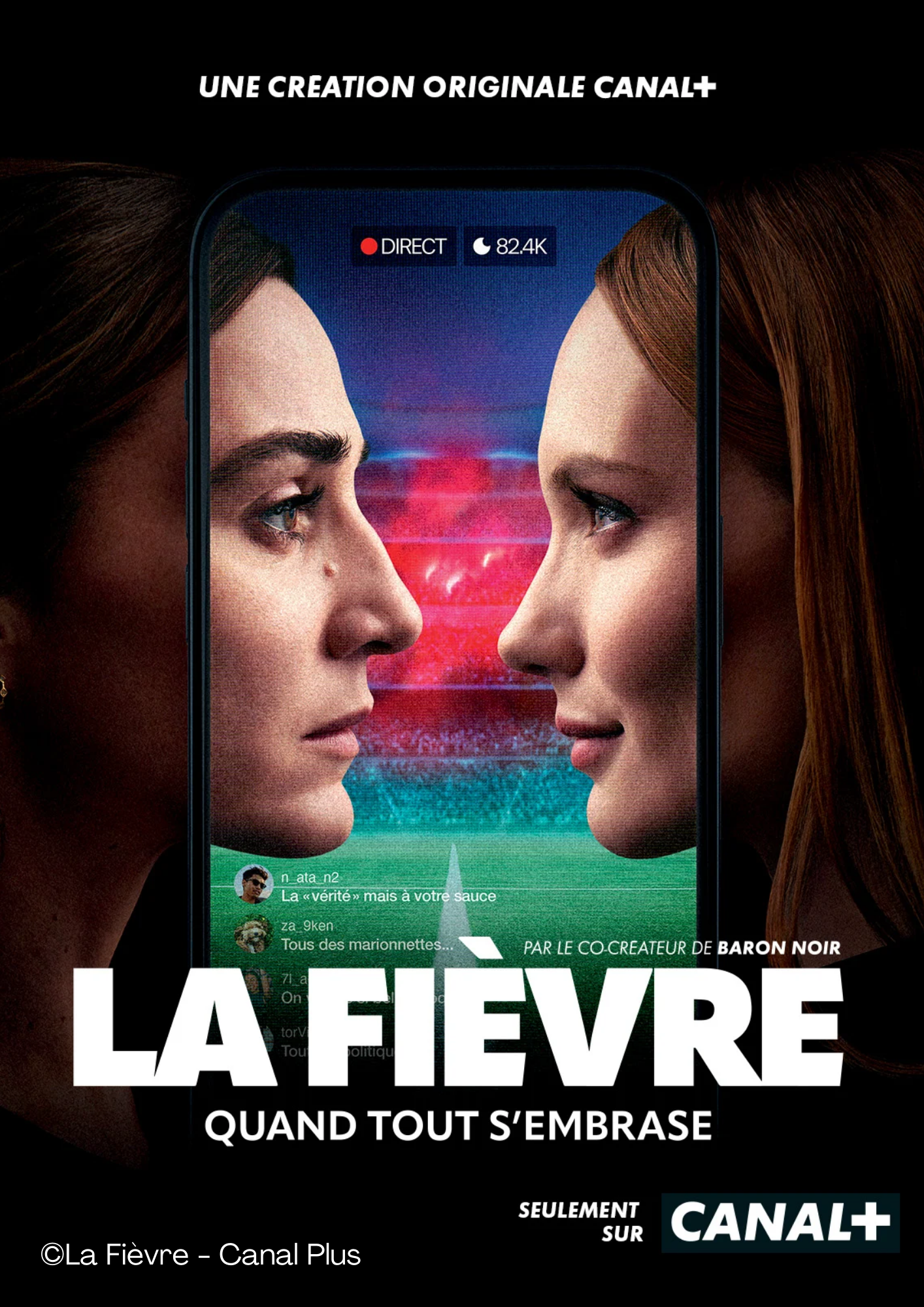Affiche de la série La Fièvre : deux femmes se font face dans l'écran d'un smartphone